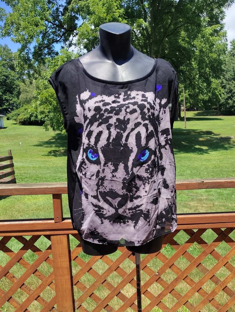 Tramp Y2K Semi-Sheer Black Sleeveless Top with White Tiger Design Size Medium